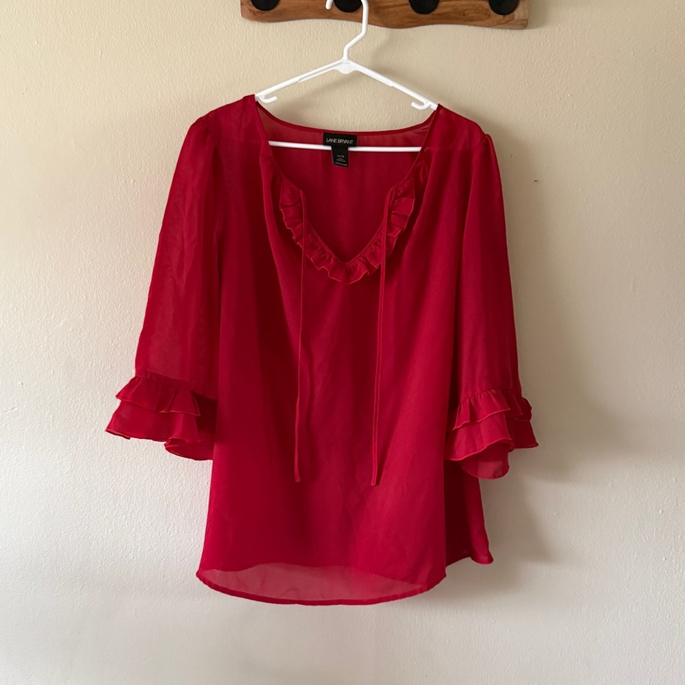 Lane Bryant Red Sheer Ruffle Sleeve Popover Blouse Romantic Coquette size 14/16